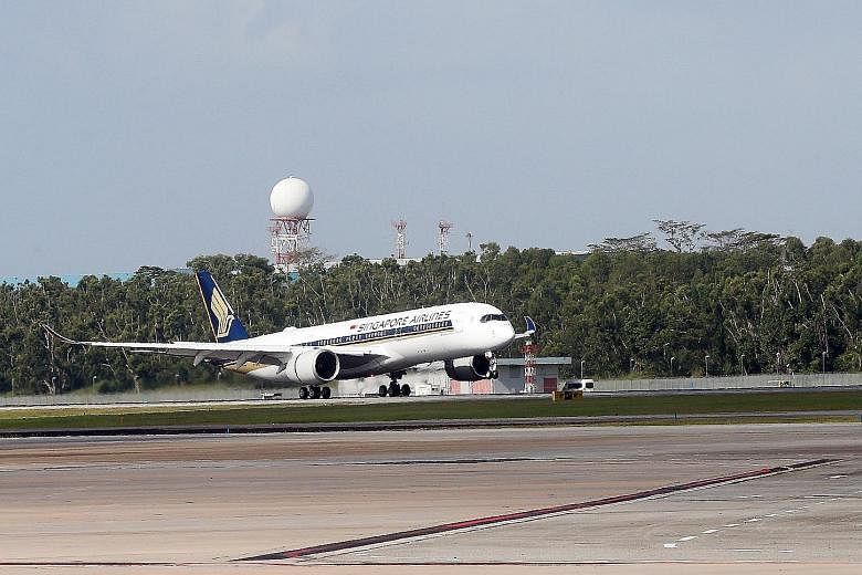 Singapore Airlines' first A-350 arriving at Changi Airport on Thursday. Airbus' project to launch its new jetliner is the latest move in a game of leapfrog played by the European planemaker and Boeing over the past decade in the market for big twinje