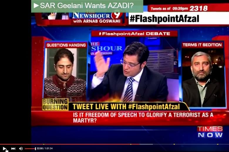 Times Now host Arnab Goswami moderating a Feb 10 televised debate, after three students were accused of shouting anti-national slogans at a meeting in support of Kashmiri separatist Afzal Guru. Times Now aired doctored footage of the meeting. 