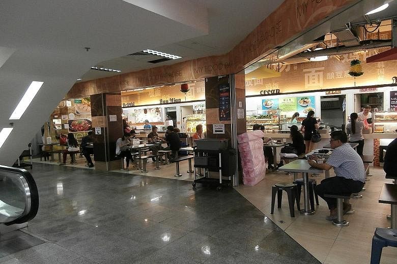 The foodcourt in Tampines (left) has space for about 10 stalls and, currently, there is an outdoor refreshment area, as well as living quarters. The total area is about 3,800 sq ft. The one in Midpoint Orchard (above) has a strata floor area of 2,648