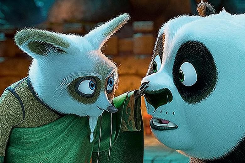 Kung Fu Panda 3's Master Shifu (left, voiced by Dustin Hoffman) and Po (Jack Black, right).