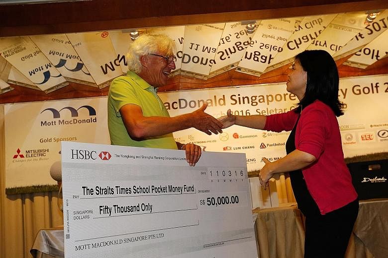 Consultancy firm Mott MacDonald Singapore yesterday donated the $50,000 raised from its charity golf event to The Straits Times (ST) School Pocket Money Fund to help children from low-income families through school. A cheque for the amount was presen