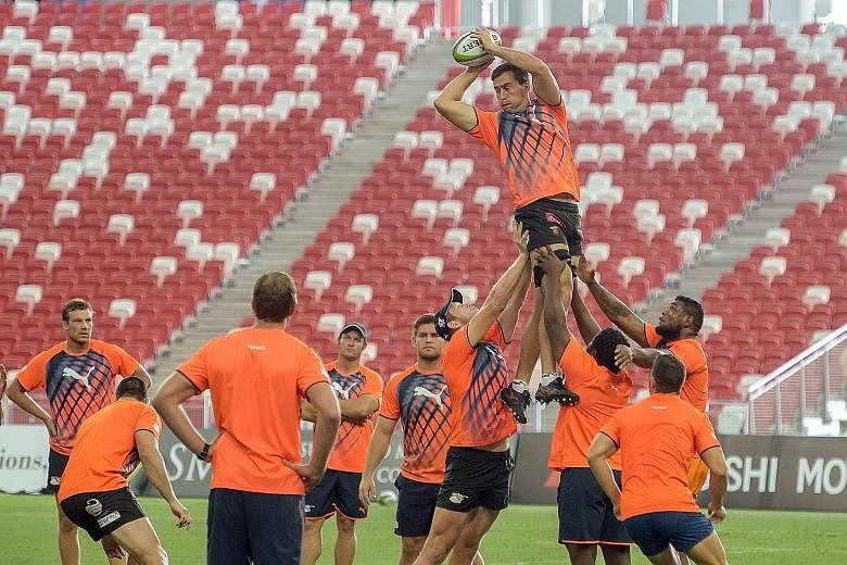 The Cheetahs practising their line-out technique during a short training session at the National Stadium. Coach Franco Smith hopes the Springboks' shock loss to Japan in last year's World Cup will motivate his team.