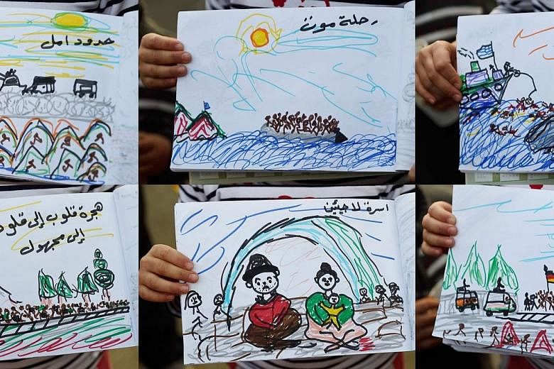 Drawings by an eight-year-old from Aleppo, Syria, of her journey to a refugee camp on the Greece- Macedonia border. The last round of talks in Geneva between the Syrian government and the main opposition body collapsed last month.