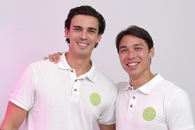 Sustenir Agriculture co-founders Benjamin Swan (top) and Martin Lavoo. Mr Swan (left) and Mr Lavoo showing off the produce from their high-tech vegetable farm in Admiralty. The farm maximises efficiency by growing crops in rows of vertically-stacked 