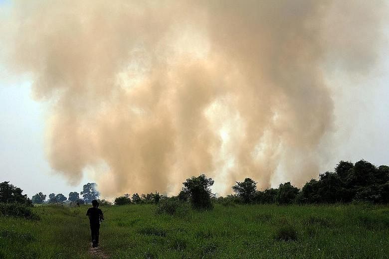 Smoke billowing from a fire in Muara Fajar village near Pekanbaru last Thursday. Around 1,000 firefighters have been deployed to put out fires in affected areas since a high-alert status was declared last week. Three helicopters have also been tasked
