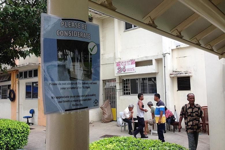 The posters at the void deck and covered walkway of Block 11, Haig Road, were removed yesterday and replaced by new ones with the heading, "Please be considerate". A Marine Parade Town Council spokesman said the aim of the original posters was to "de