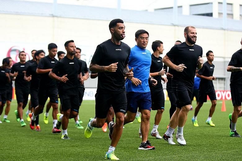 Jermaine Pennant (centre) and the Tampines Rovers squad in a training session ahead of the AFC Cup clash with Ceres La Salle today.