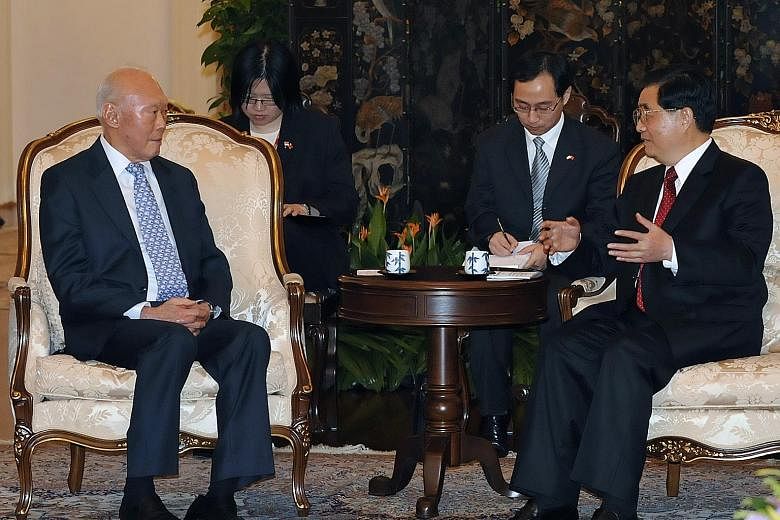 Mr Lee meeting Mr Hu Jintao (above) in Singapore on Nov 11, 2009, and Mrs Hillary Clinton (right) at the US State Department on Oct 26, 2009. Mr Lee was a strong advocate of having a balance of power to create a conducive environment for small countr