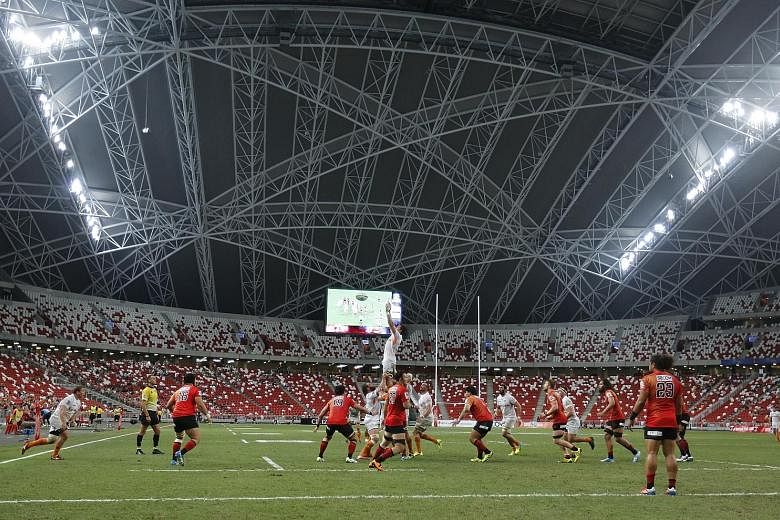 The Sunwolves (in red) made their National Stadium debut against the Cheetahs in the Super Rugby clash on March 12. Despite the Singapore Rugby Union's invitation to play the Schools National A Division final as a curtain-raiser to the Sunwolves' nex