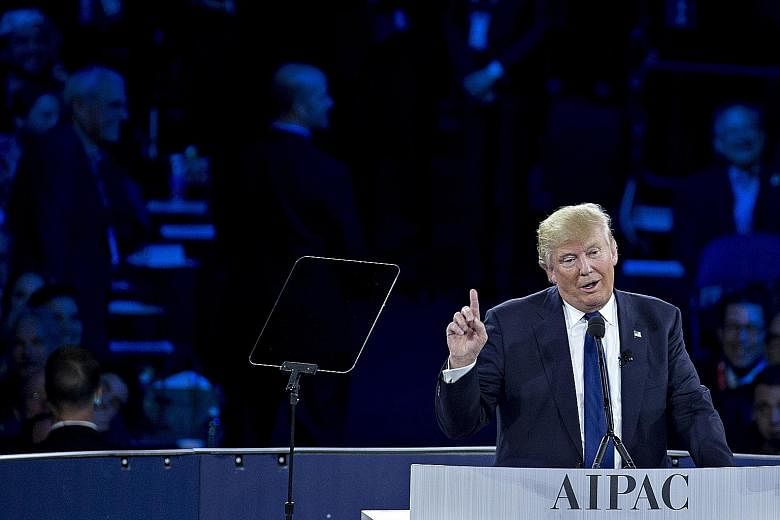 Mr Trump at the American Israel Public Affairs Committee policy conference in Washington, DC, last week. He has said he is willing to reconsider traditional US alliances if partners are not willing to pay, in cash or troop commitments, for the presen