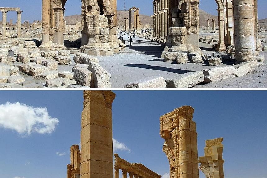 Archaeologists rushed to the ancient city of Palmyra on Sunday to assess the damage wreaked by the Islamic State in Iraq and Syria (ISIS) after it was ousted by the Syrian army in a bloody battle. The picture on the left shows all that remains of the