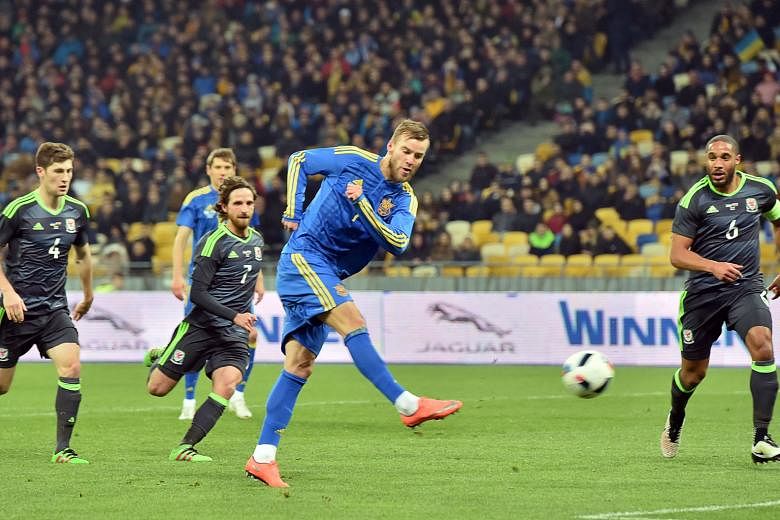 Ukraine forward Andriy Yarmolenko swivels and shoots to score the only goal in the friendly between Ukraine and Wales in Kiev. It was the fourth time the Welsh defence had conceded a goal from a set piece in their past six matches.