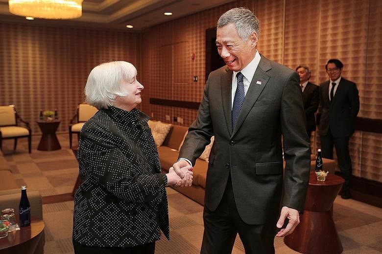 PM Lee meeting US Federal Reserve chair Janet Yellen in Washington, DC, on Thursday. He is currently in the US on a working visit.