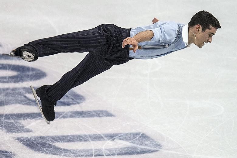 Javier Fernandez competing during the free skate programme on Friday. The Spaniard produced a flawless performance to keep his world figure skating crown.