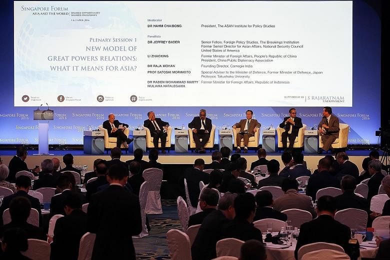 On the panel on "New Model of Great Powers Relations: What it Means for Asia?" at the Singapore Forum yesterday were (from left) Dr Jeffrey Bader, Mr Li Zhaoxing, Dr Raja Mohan, Professor Satoshi Morimoto, former Indonesian foreign minister Marty Nat