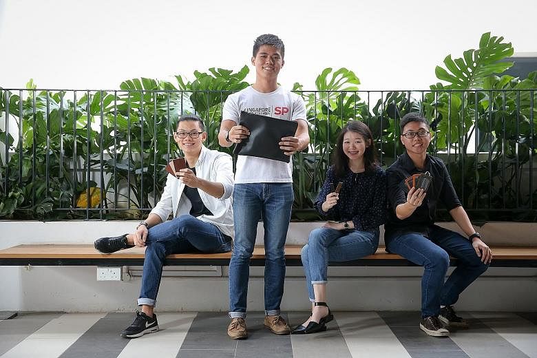 (From left) Mr Chiang, Mr Ee, Ms Leong and Mr Leong had to learn how to make leather goods from scratch. Their efforts helped them chalk up a profit of $6,000 in six months.