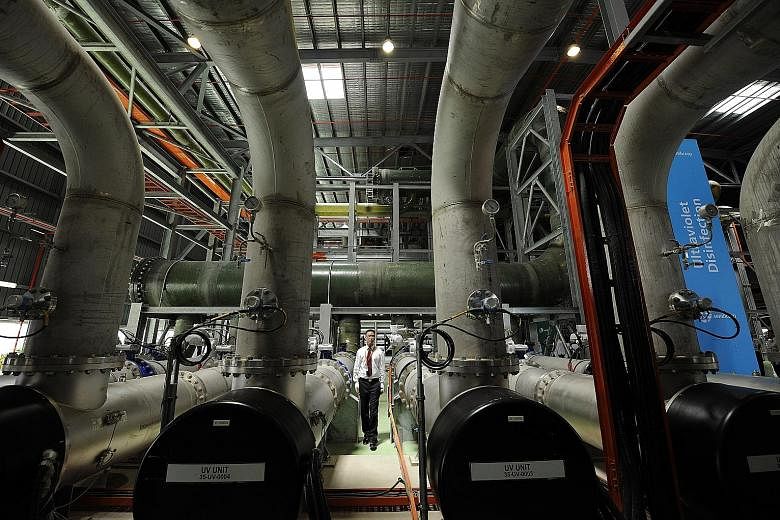 A file photo of pipes used in the treatment of recycled water at the Sembcorp Newater plant. PUB said that by 2060, Singapore's water demand is expected to double from today's 430 million gallons a day. Singapore has four main sources of water - loca