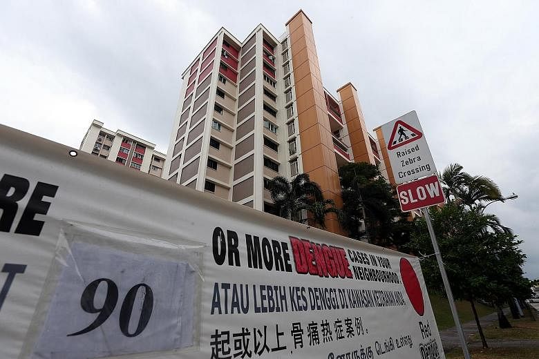 A banner showing the number of dengue cases in Serangoon North, an active dengue cluster area. The number of new cases islandwide rose to 378 last week, after a downturn last month. Experts have warned that Singapore could face a major epidemic this 