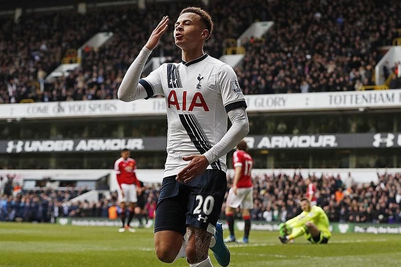 Dele Alli celebrating after scoring Tottenham's first goal against Manchester United on Sunday at White Hart Lane. Spurs won 3-0 for their first home victory over United in the league since a 3-1 success in May 2001.
