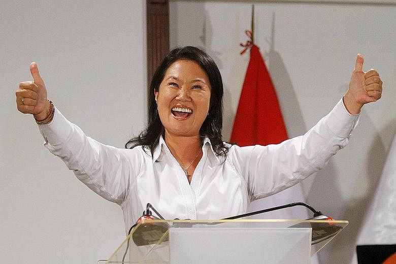 Ms Keiko Fujimori has topped the first round of Peru's presidential election voting, but with less than the 50 per cent required for victory, she will face a rival pro-market candidate in a June run-off.