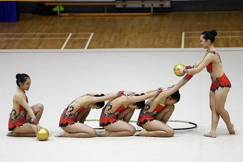 Raffles Girls' School (Secondary) performing during the B Division group event of the 2016 National School Games Rhythmic Gymnastics Championships. RGS came in first place, followed by CHIJ Secondary (Toa Payoh) in second and St Margaret's Secondary 