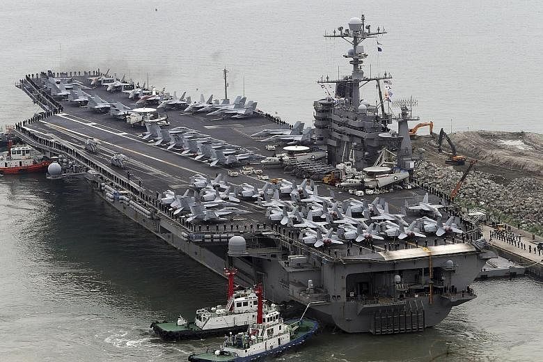The Nimitz-class aircraft carrier USS John C. Stennis at Busan port in South Korea last month. It is currently on routine patrol in the South China Sea.