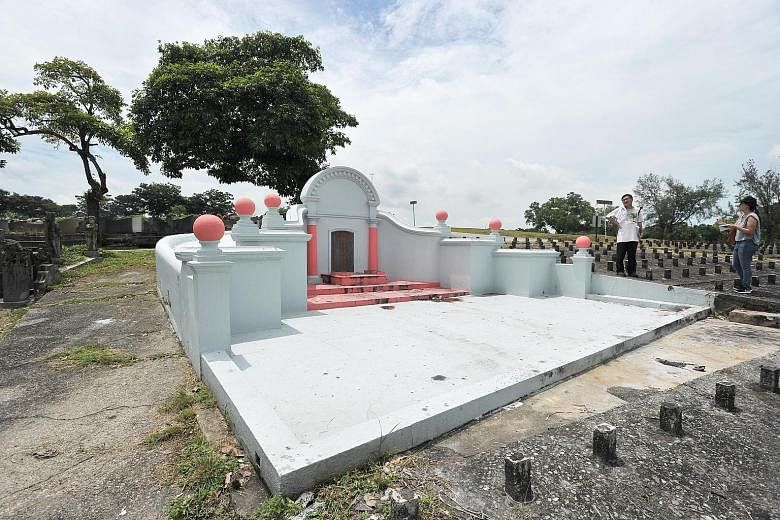 Mr Goh, a tomb researcher who found the memorial, worries that this and the remains of significant pioneers "will be gone for good", as many of the tombs do not appear to have been visited in years. (Centre) A master grave for the remains from the no
