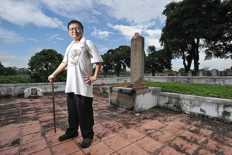 Mr Goh, a tomb researcher who found the memorial, worries that this and the remains of significant pioneers "will be gone for good", as many of the tombs do not appear to have been visited in years. (Centre) A master grave for the remains from the no