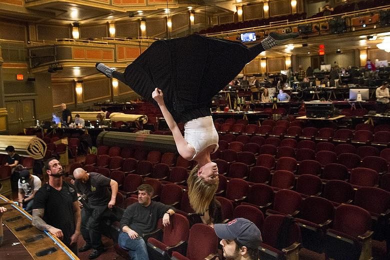 Performer Ruby Lewis goes heels over head during a rehearsal for Paramour, a $34-million Cirque de Soleil production.