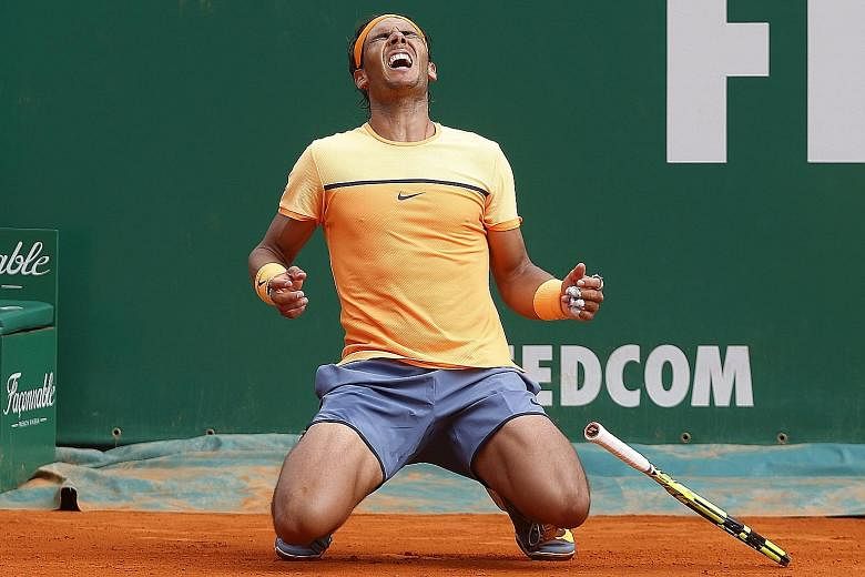 An ecstatic Rafael Nadal of Spain after beating Gael Monfils of France on Sunday to win his ninth Monte Carlo Masters title. An older, injury-prone Nadal has modified his game, patiently wearing down his opponents despite numerous unforced errors.