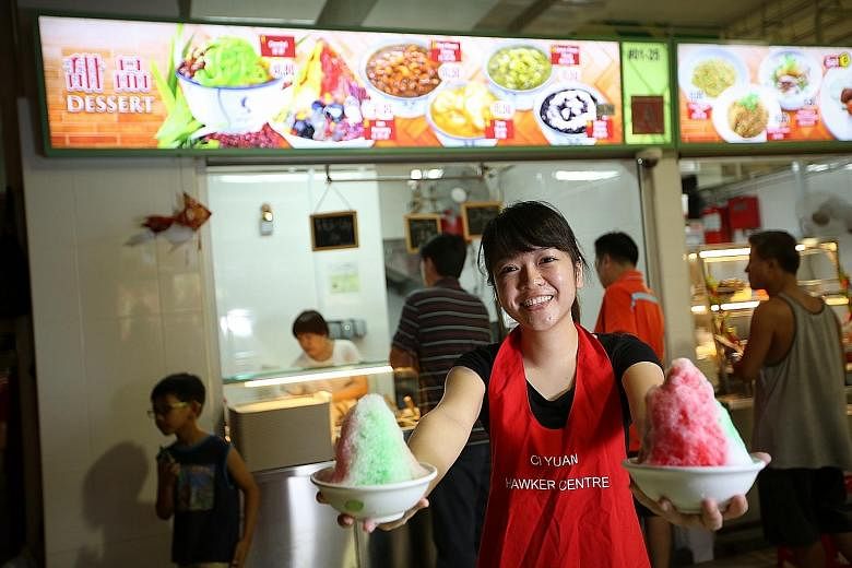 Ms Aericurl Chng, 23, is her own boss at her dessert stall at Hougang's Ci Yuan hawker centre, serving up ice kacang and chendol. She comes from an entrepreneurship programme where young hawker hopefuls are trained to start their own businesses. The 