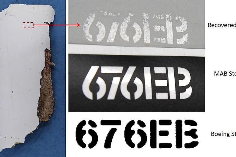 The stencilling of key words and numbers on the wing part (far left) and stabiliser panel matches the font used by Malaysia Airlines, and a fastener provides evidence linking the part to the aircraft's production line.