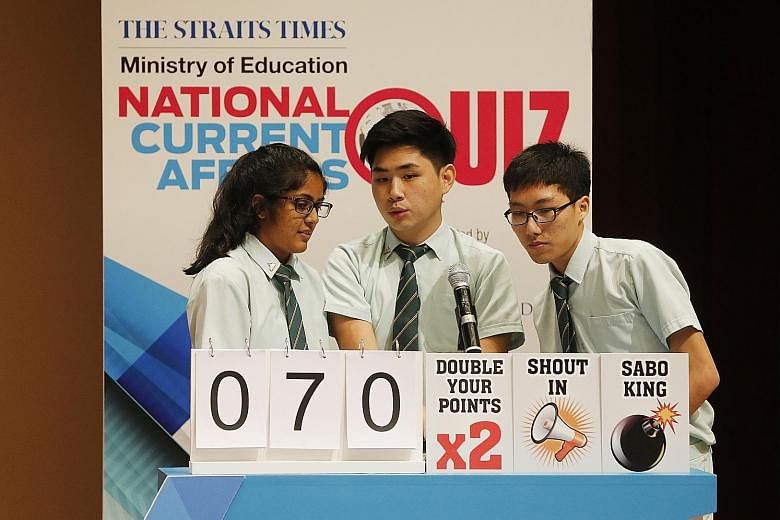 The team from Tampines Junior College won by keeping to a mix of easy- to medium-difficulty questions. From left are Reshma Kaur Selvaruben, 18; Ronnie Lai, 19; Peh Yee Jie, 19.