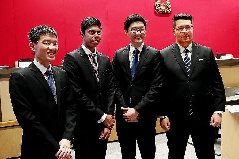 Singapore Management University law students (from far left) Mok Zi Cong, Mohamed Arshad Mohamed Tahir, Ko Yuen Hyung and Alexander Lee at the hearing yesterday. Mr Lee said having three specialised wings for the president to consult would improve th