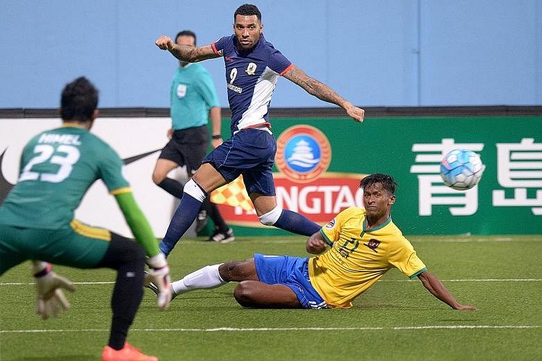 While marquee player Jermaine Pennant (centre) and former LionsXII players have added to the club's wage bill, Tampines' cash flow has been hurt by below-expected sponsorship and the cessation of jackpot machines.