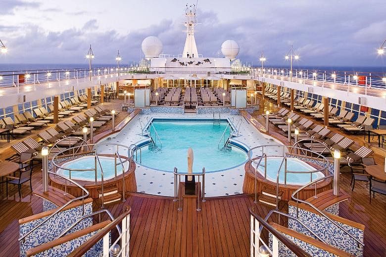 Indulgence is the selling point on ships like the Seven Seas Voyager (above) with its pool deck (top, right) and penthouse suite (bottom, right).