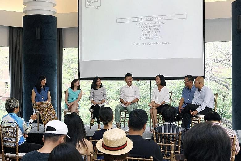 Parliamentary Secretary for Culture, Community and Youth Baey Yam Keng (centre) in a panel discussion on charity initiatives, moderated by National Volunteer and Philanthropy Centre chief executive Melissa Kwee (far left).