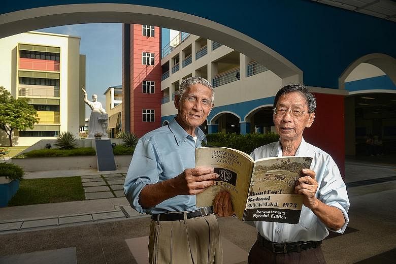 English teacher Edmund James (left) and senior lab technician Lim Bak Po are both old boys of Montfort who have returned to their alma mater. Mr James has taught at Montfort Secondary for nearly 30 years and says he still feels attached to the school