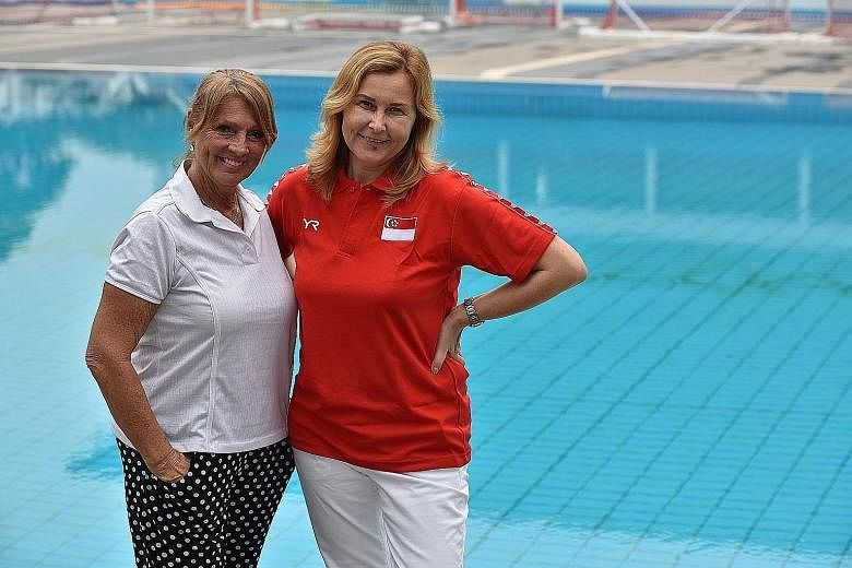 Canadian consultant and synchronised swimming coach Julie Sauve (left) with Singapore coach Maryna Tsimashenka. Sauve sees "good potential" in the Republic's team.