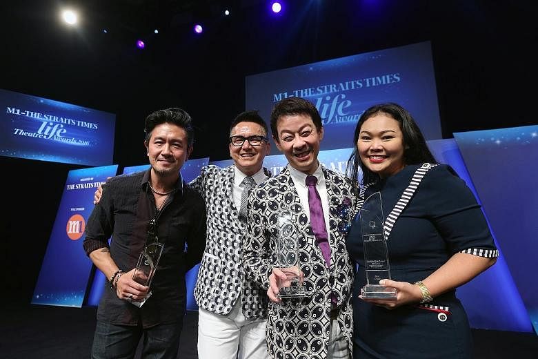 (From left) Adrian Pang, Glen Goei, Ivan Heng and Siti Khalijah Zainal showing off their trophies at the M1-The Straits Times Life Theatre Awards held at the Esplanade Recital Studio yesterday. The annual awards honour the best Singaporean plays from