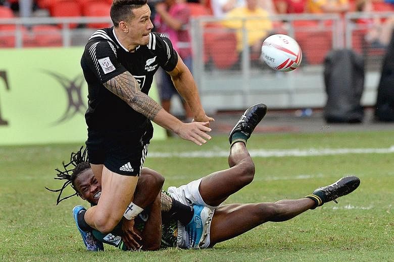 New Zealand's Sonny Bill Williams in action at the Singapore Rugby Sevens tournament on April 17. The rugby star has tried to rope in film star Dwayne Johnson for the injury-hit New Zealand sevens team.