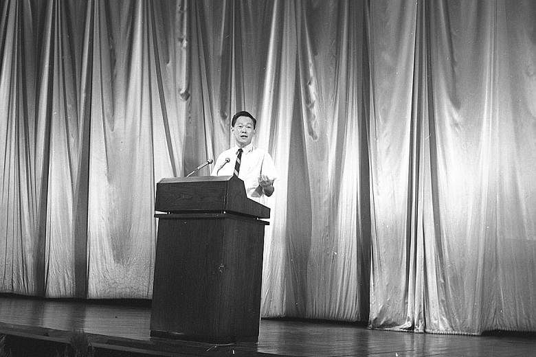 Then Prime Minister Lee Kuan Yew speaking at the National Day Rally at the National Theatre on Aug 16, 1968. That stirring speech and others that listed the key developments and challenges of the Republic, as captured in the annual National Day messa