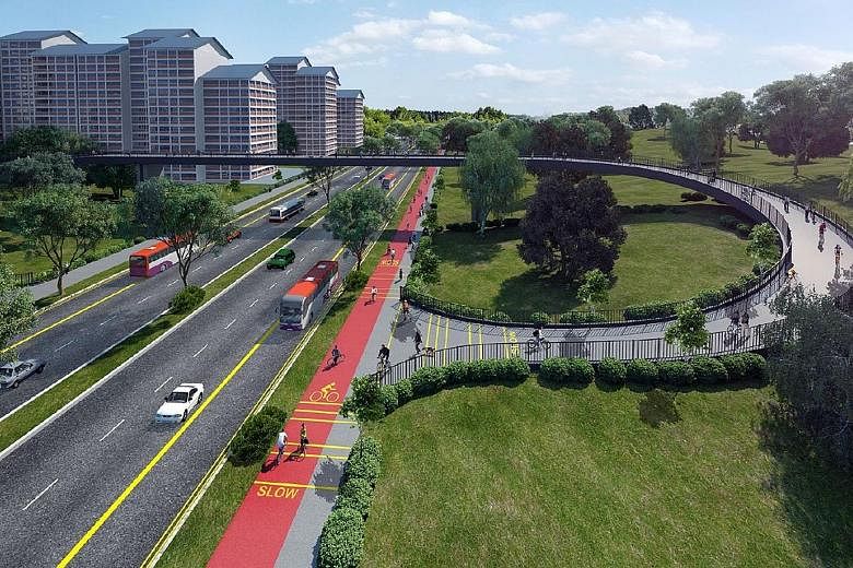 Artist's impression of the Marymount Road section of the North-South Corridor, Singapore's first integrated transport corridor that will have dedicated bus lanes and a cycling route. It will link towns in the north to the city. Major construction wor