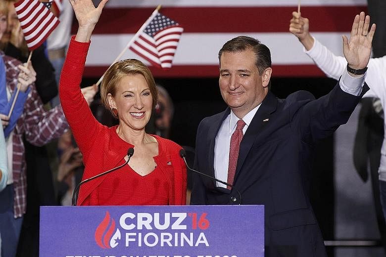 Republican presidential candidate Ted Cruz with Ms Carly Fiorina at a rally in Indianapolis where he named the former Hewlett-Packard chief executive as his running mate.