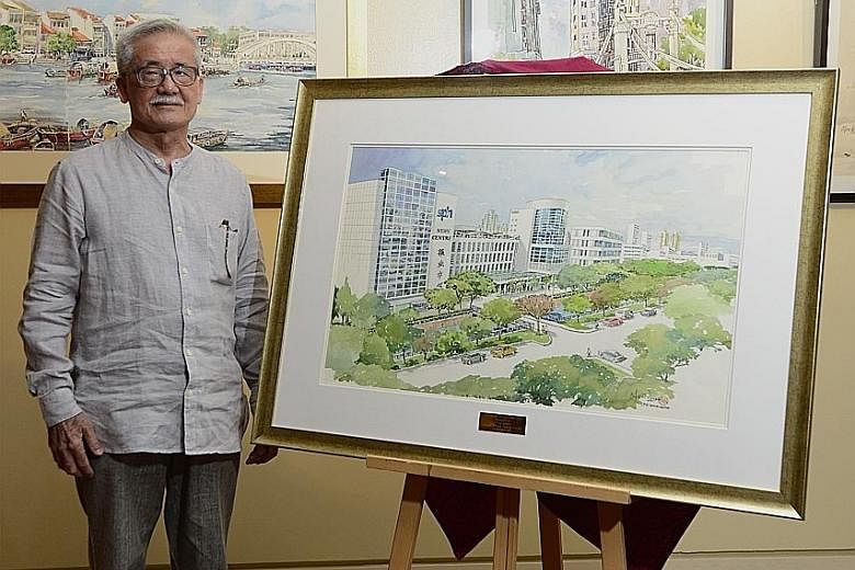 Harry Chin Chun Wah with the watercolour painting of Singapore Press Holdings' News Centre.