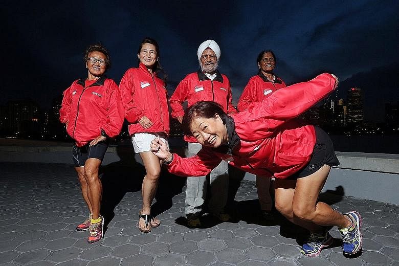 (From left to front) Linda Oh, Christina Tay, Ajit Singh, Glory Barnabas and Margaret Oh will be competing in the Asia Masters Athletics Championships starting today. The five-day meet will bring together 2,000 athletes aged 35 years and above, from 