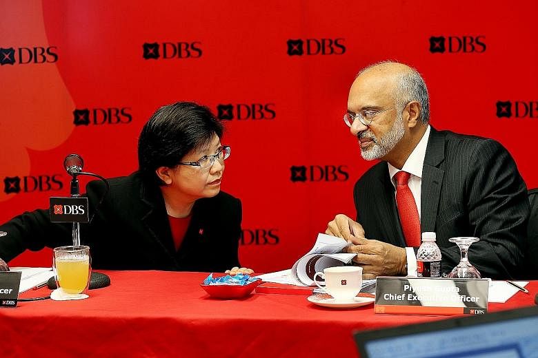 Mr Gupta, DBS chief executive, and chief financial officer Chng Sok Hui at the press briefing yesterday. Revenue rose 5 per cent to $2.87 billion, as net interest income grew 8 per cent to $1.83 billion, on the back of better net interest margin and 