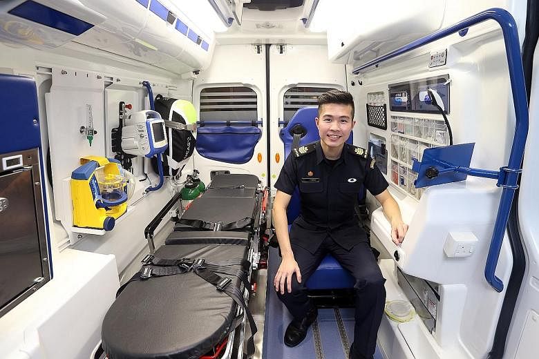 SSG Yeo in the new ambulance, which has a seamless interior that can be quickly decontaminated.