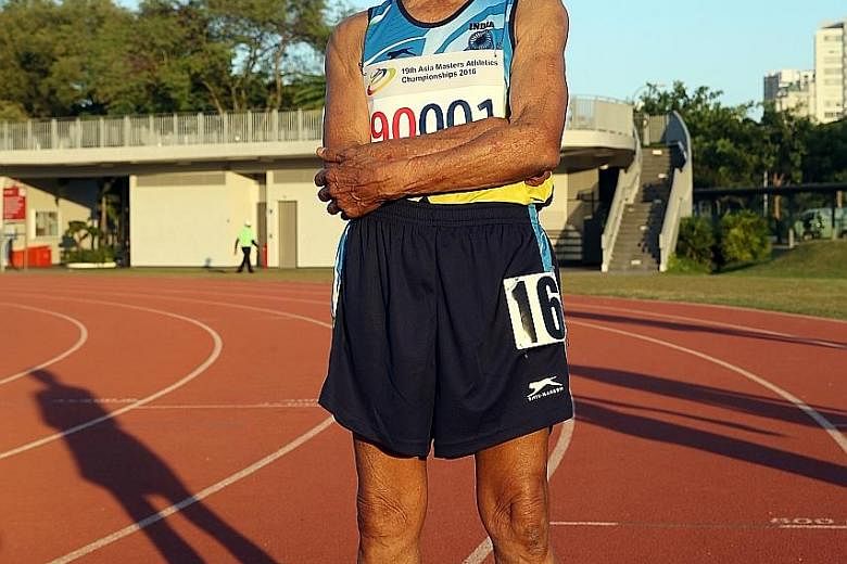Retired Indian naval commander V. Sriramulu at the Kallang practice track this week. He was the only competitor in the 5km race-walking event (for those 90 and older) in the Asia Masters on Wednesday. "Better to live like a lion for a day, than a lam