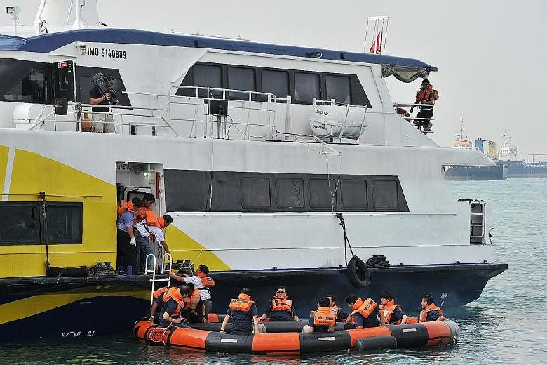 A multi-agency ferry evacuation exercise was conducted by the Maritime and Port Authority of Singapore near Tanah Merah Ferry Terminal yesterday.